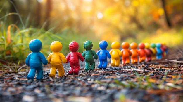 Colorful Figures Walking Through Autumn Forest