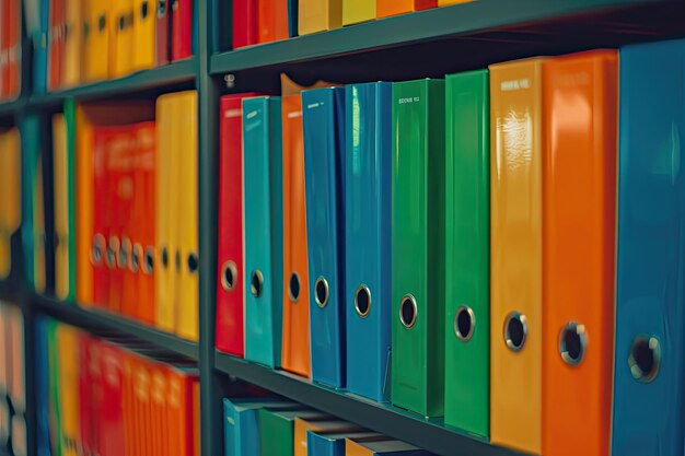 Colorful File Binders on Shelves in Office