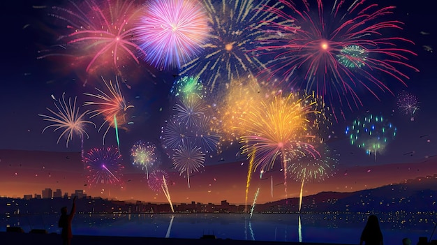 Colorful fireworks on the background of the sea and the sky