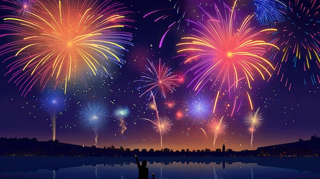 Colorful fireworks on the background of the sea and the sky