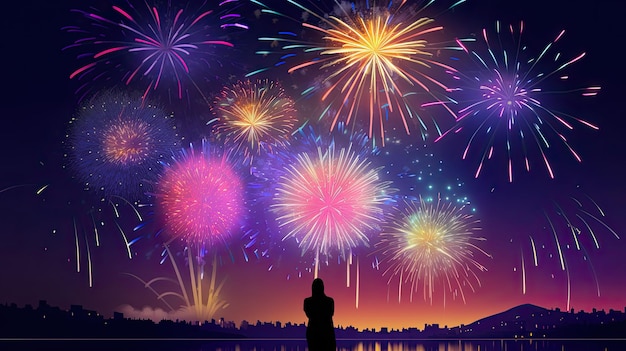 Colorful fireworks on the background of the sea and the sky