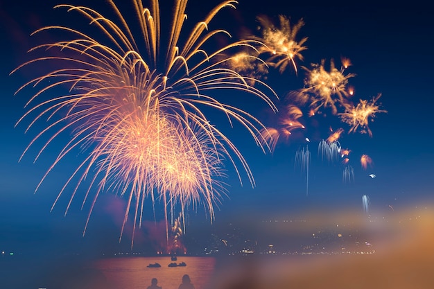 Colorful fireworks celebration and the twilight sky background and soft light tone.