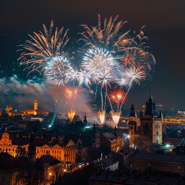 Colorful Fireworks Display Over City at Night Krakow International Fireworks Festival