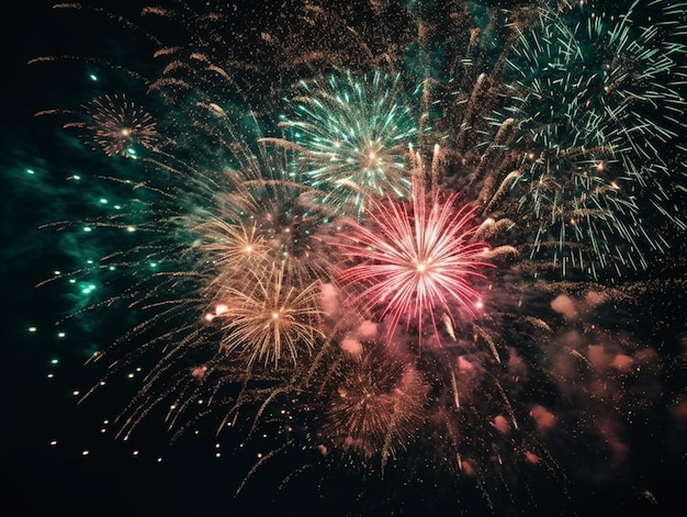 A colorful fireworks display is lit up in the night sky.