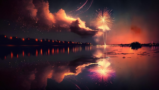 A colorful fireworks display is reflected in the water.