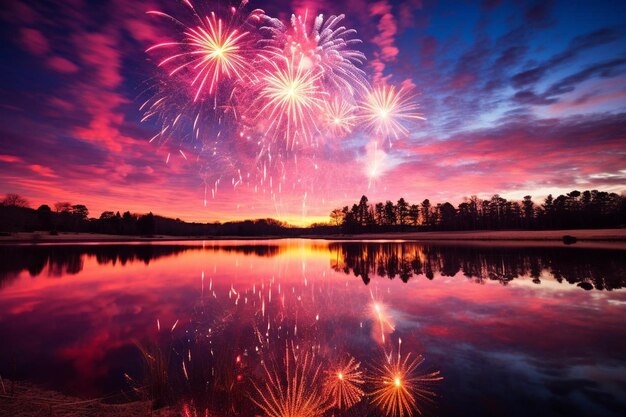 A colorful fireworks display is seen over a lake and the sky is lit up with stars