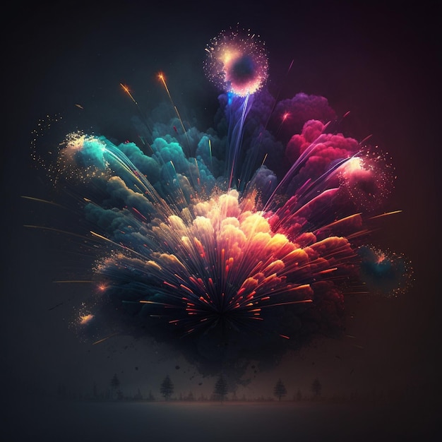 A colorful fireworks display is shown in a dark background.