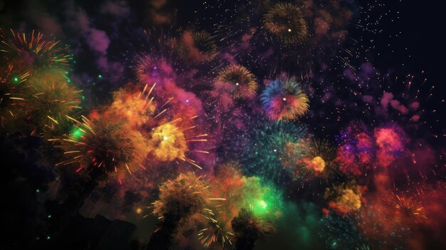 A colorful fireworks display is in the sky with a black background.