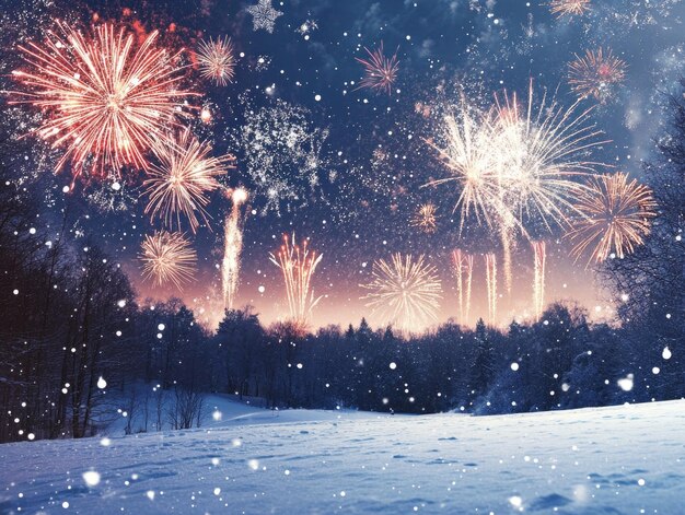 Photo colorful fireworks exploding in winter night sky over snowcovered forest