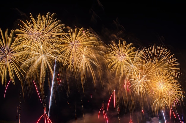 Colorful fireworks. Fireworks are a class of explosive pyrotechnic devices used for entertainment purposes. Visible noise due to low light, soft focus, shallow DOF, slight motion blur