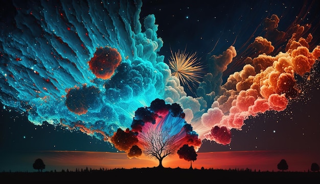 Colorful fireworks over the forest on a dark background