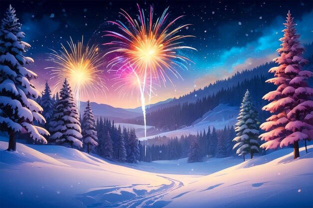 Photo colorful fireworks over snowy landscape background