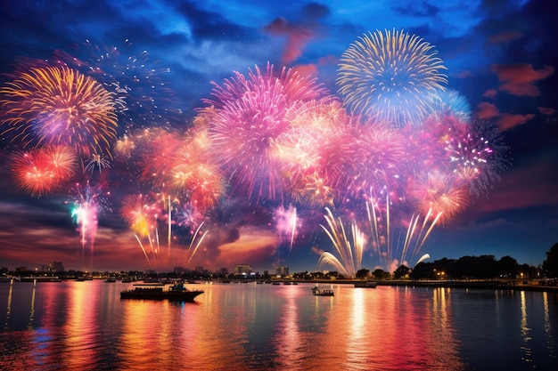 Colorful fireworks of various colors over night sky with reflection on water Colorful fireworks of various colors over the Chao Phraya River Bangkok Thailand AI Generated