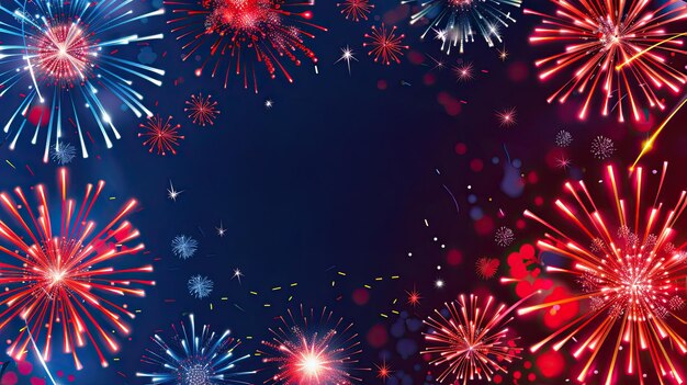 Colorful fireworks with stars on a blue background with empty space in the middle for text perfect