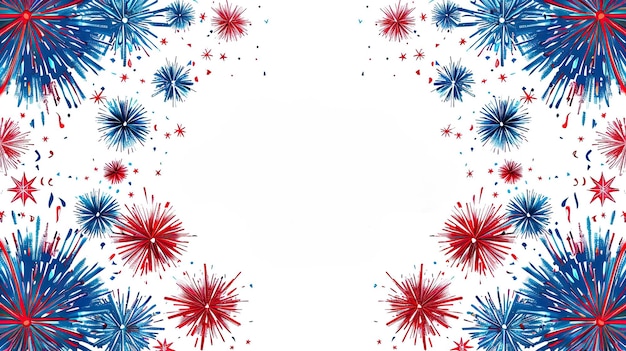 Colorful fireworks with stars on a white background with empty space in the middle for text perfect