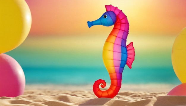 a colorful fish figure is standing in the sand