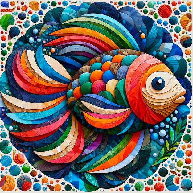 a colorful fish is on a colorful surface with a fish in the middle