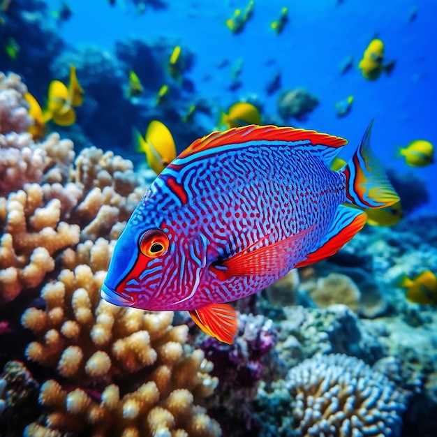 A colorful fish is swimming in a coral reef with a blue background.