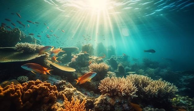 Colorful fish swim in reef amid coral generated by AI