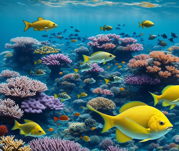 A colorful fish swims in a coral reef.