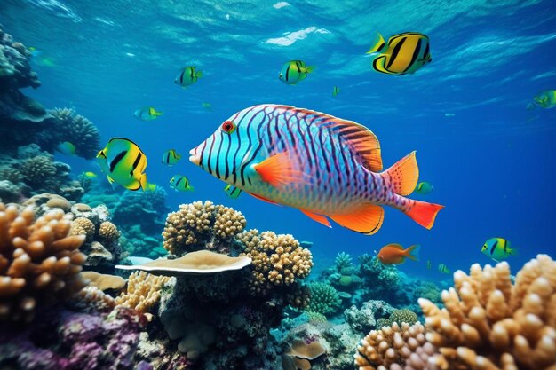 a colorful fish swims past a coral reef with other fish