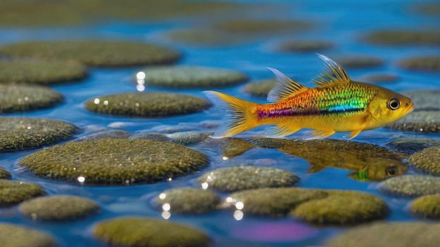 A colorful fish swims above textured stones in clear water showcasing aquatic beauty