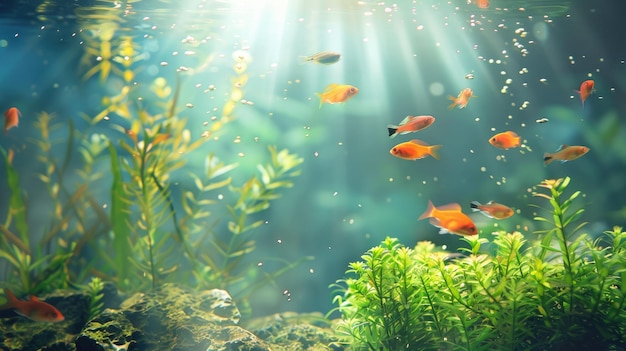 Photo colorful fish in vibrant underwater scene with sunlight rays and lush aquatic plants