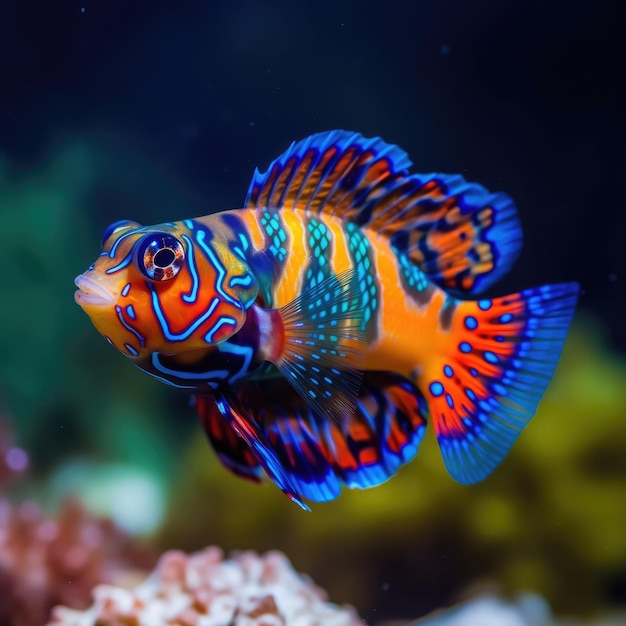 A colorful fish with blue and orange markings is swimming in a coral reef.