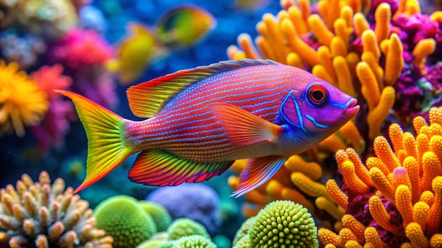 a colorful fish with a blue and red striped fish in an aquarium