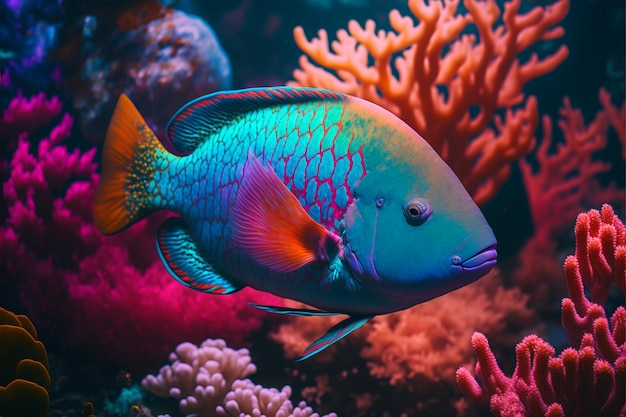 A colorful fish with a blue tail and a pink tail.