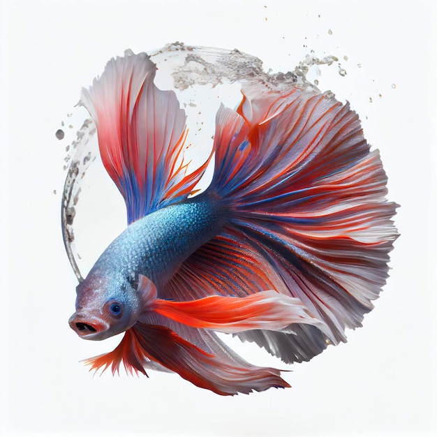 A colorful fish with red and blue tail is swimming in water.