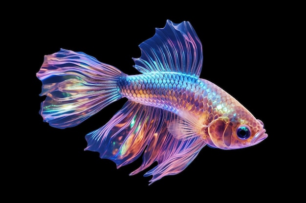 A colorful fish with a tail that has a black background.