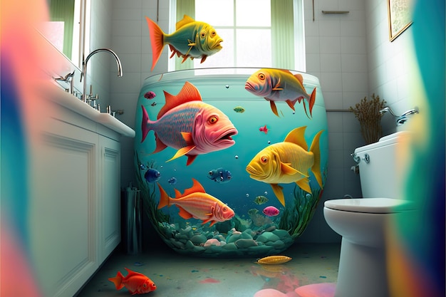 Colorful fishes swimming inside flooded bathroom created with generative ai