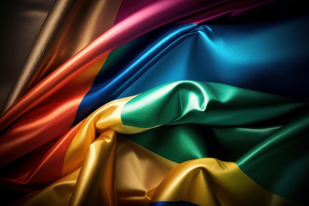 A colorful flag is draped over a piece of fabric.