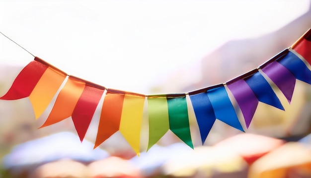 Photo a colorful flag is hanging from a string with many colors