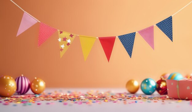 colorful flags on a table with a pink background and a yellow background with a number of small dots