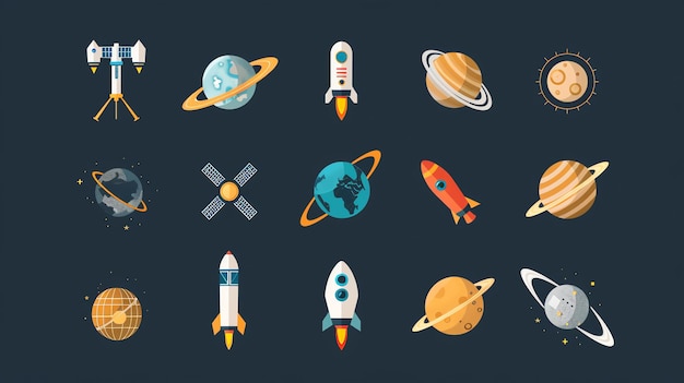 Colorful flat design icons of space objects including planets rockets and a space station