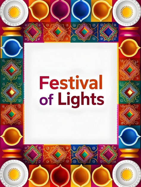 Colorful Flat Vector Illustration of Diwali Diyas and Rangoli Patterns Framing Festival of Lights