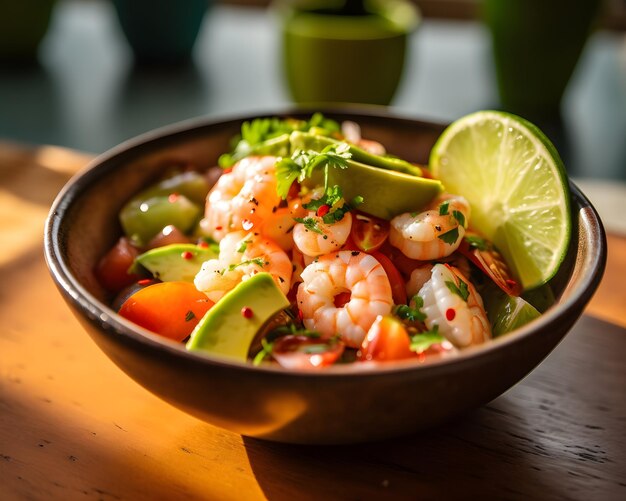 Colorful and flavorful ceviche with shrimp and lime Generative AI