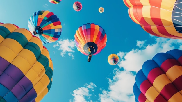 A colorful fleet of hot air balloons soaring high in a vibrant blue sky