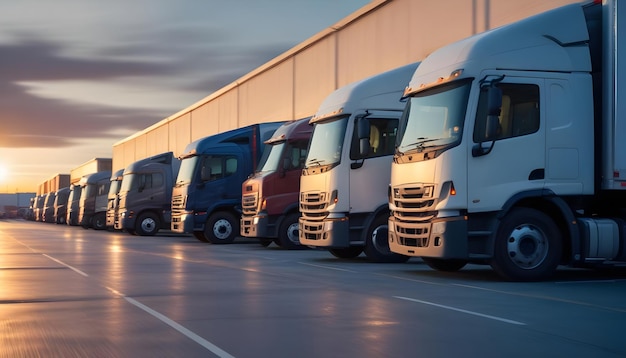 Colorful Fleet of Semi Trucks in Modern Warehouse Logistics and Transportation ConceptVibrant L