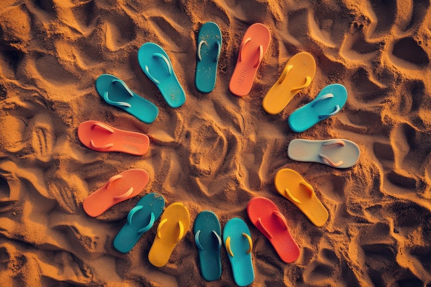 Photo colorful flip flops arranged in a circular pattern on sandy beach during sunset