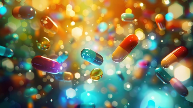 Colorful Floating Capsules and Pills with Bokeh Background Generative AI