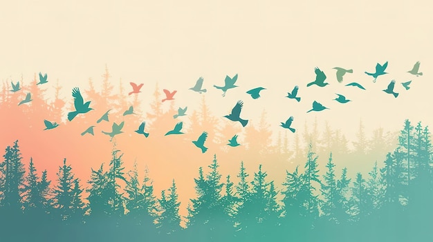 Photo colorful flock of birds flying over a forest silhouette the wonders of nature animals and ecosystems concept