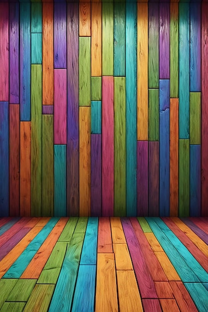 a colorful floor with a rainbow colored wood pattern