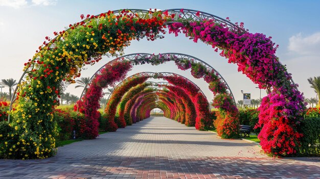 Photo colorful floral arch in dubai miracle garden walkway