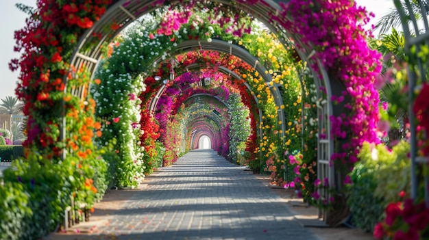 Colorful Floral Arches at Dubai Miracle Garden Pathway Lined with Vibrant Flowers