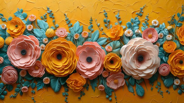 Photo colorful floral arrangement in paper art against a vibrant yellow backdrop with intricate details