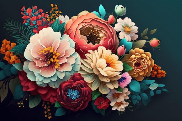 A colorful floral arrangement with flowers on a dark background.