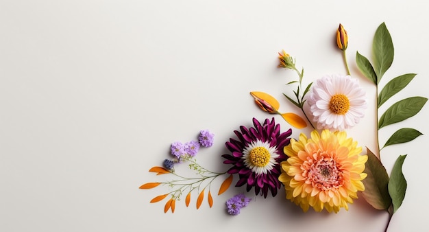 A colorful floral arrangement with flowers on a white background